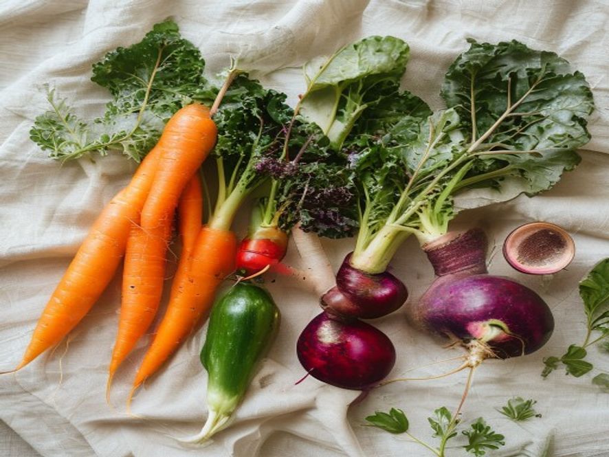 Et fargerikt utvalg av grønnsaker og ingredienser arrangert på et bord